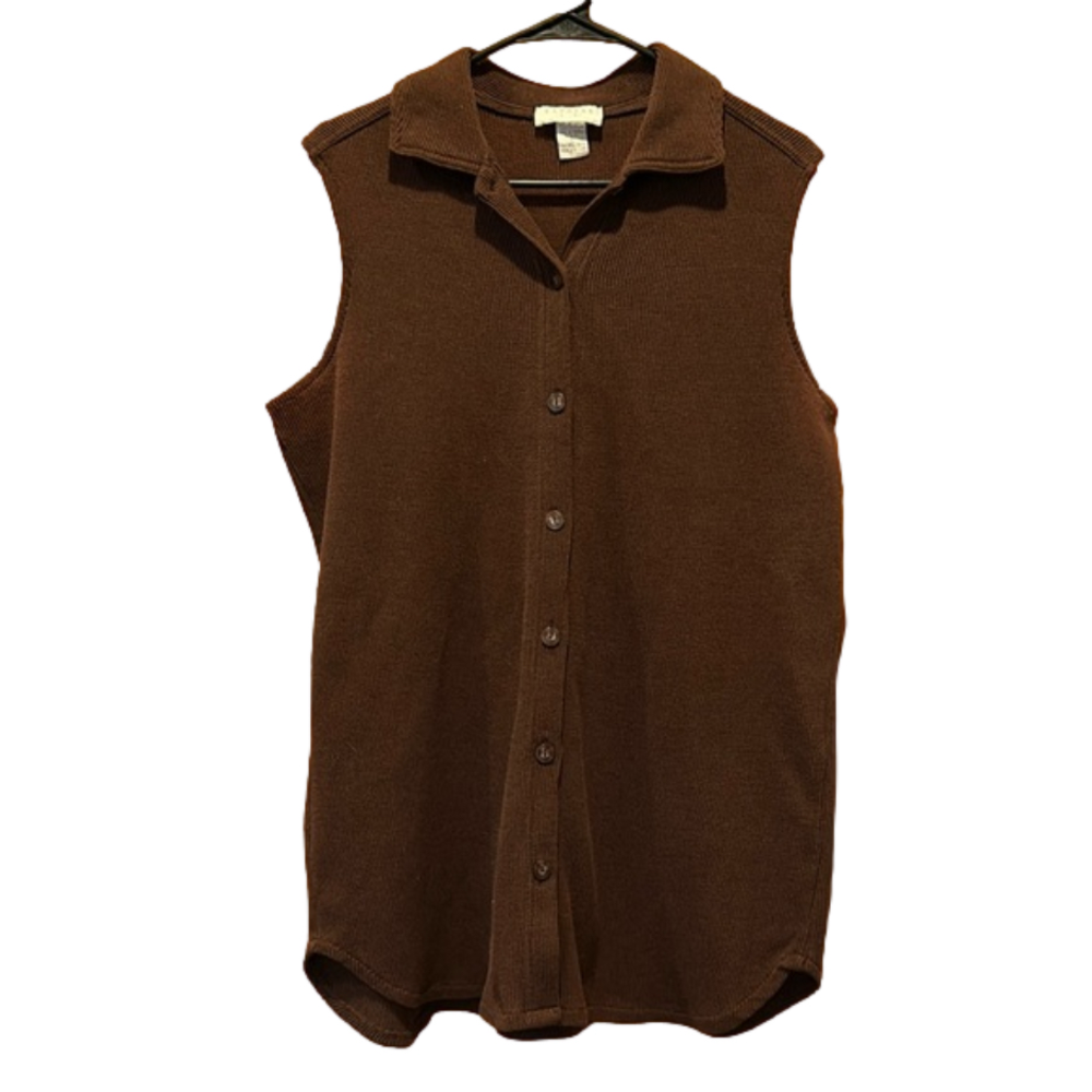 Vintage Express Tricot Brown Waffle Knit Collared Sleeveless Button-Up Cardigan
